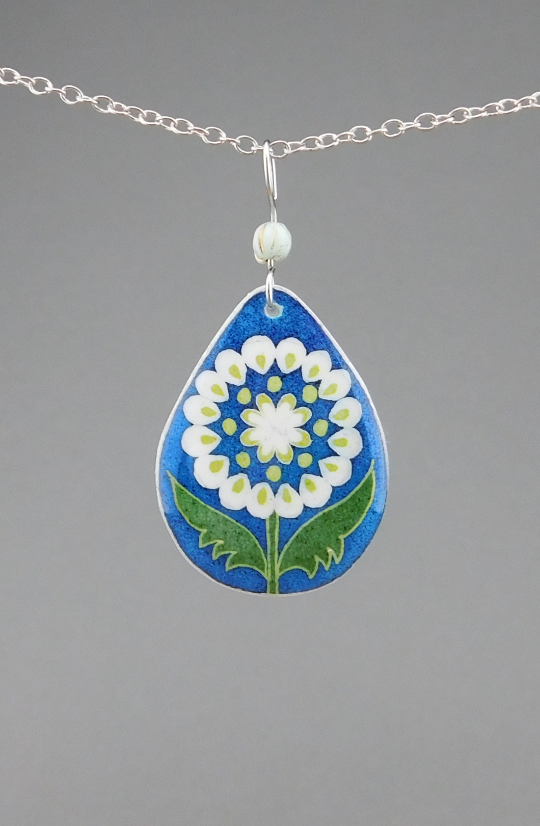 Blue Goose Egg Shell Jewelry - White Flower Tear Pendant