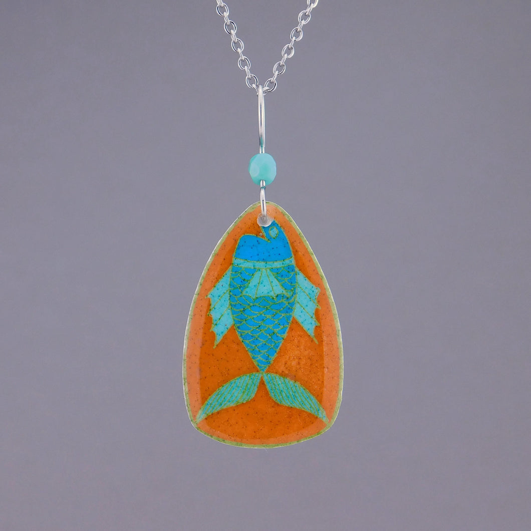 Orange Goose Egg Shell Jewelry - Happy Blue Fish Pendant