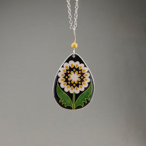 Black Goose Egg Shell Jewelry - White Flower Tear Pendant