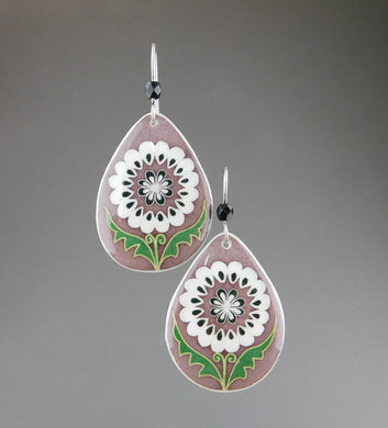 Grey Goose Egg Shell Jewelry - White Flower Tear Earrings